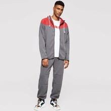 Romwe Men Cut And Sew Panel Zip Up Hoodie With Pants