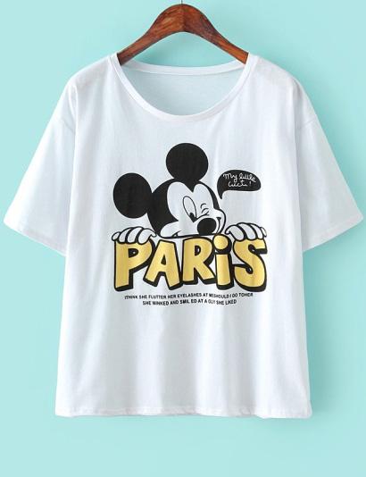 Romwe Mickey Letter Print White T-shirt