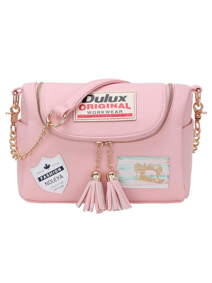 Romwe Label Patched Tasselled Zip Pink Corssbody Bag
