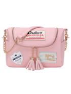 Romwe Label Patched Tasselled Zip Pink Corssbody Bag