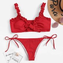 Romwe Ribbed Frill Trim Top With Low Rise Bikini