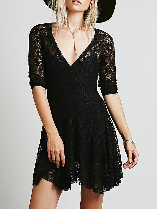 Romwe V Neck Lace Skater Black Dress