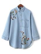 Romwe Blue Flower Embroidery Denim Blouse With Pocket