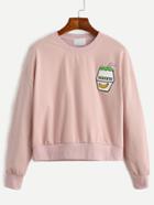 Romwe Pink Drop Shoulder Embroidered Sweatshirt