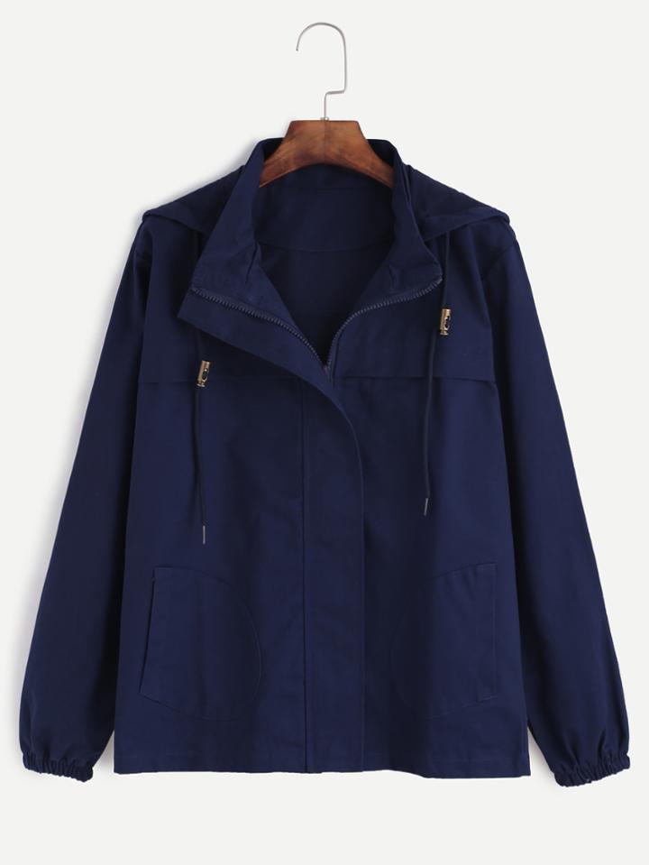 Romwe Navy Zip Up Drawstring Hooded Pocket Coat
