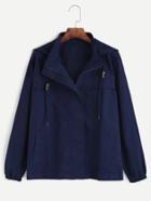 Romwe Navy Zip Up Drawstring Hooded Pocket Coat