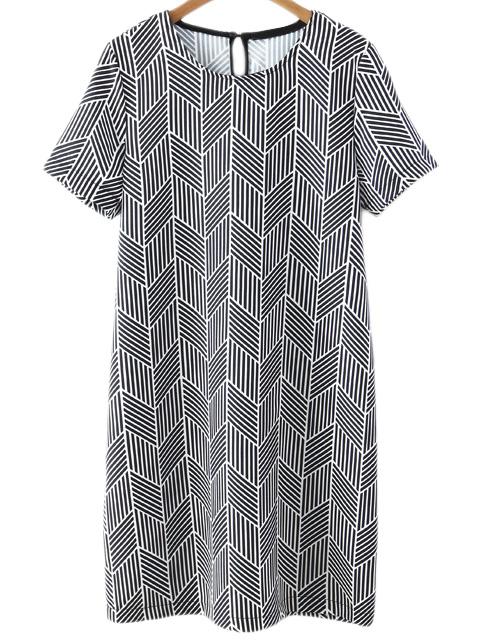Romwe Black White Short Sleeve Keyhole Back Geometric Dress
