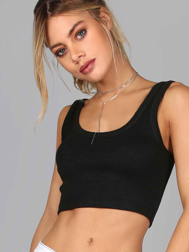 Romwe Ribbed Crop Tank Top Black