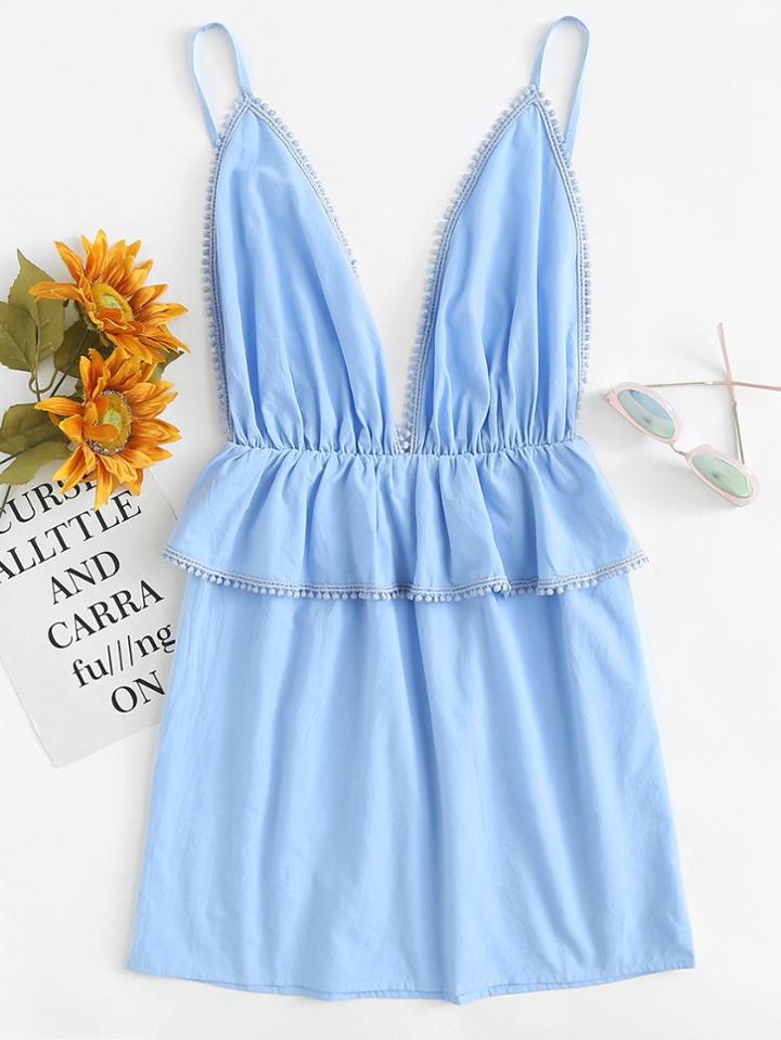 Romwe Deep V Neckline Ruffle Trim Cami Dress