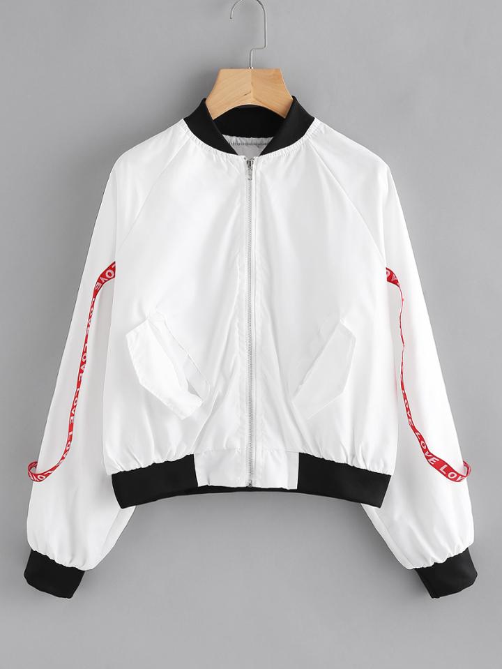 Romwe Lace Up Slogan Print Back Strap Detail Jacket
