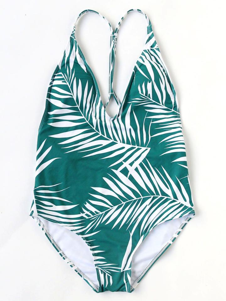 Romwe Leaf Print V Neck Open Back Bikini Set