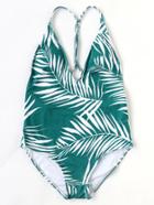 Romwe Leaf Print V Neck Open Back Bikini Set