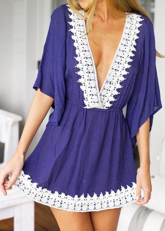 Romwe Blue Deep V Neck Lace Loose Dress