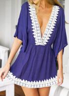 Romwe Blue Deep V Neck Lace Loose Dress