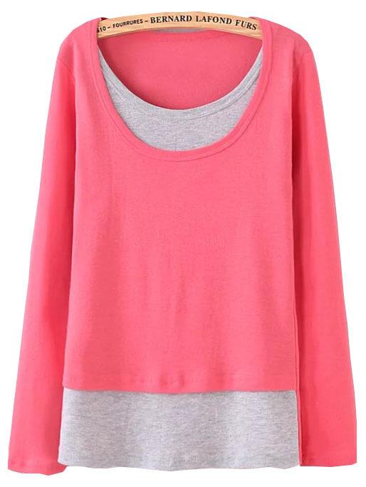 Romwe Long Sleeve Contrast Combo Melon T-shirt