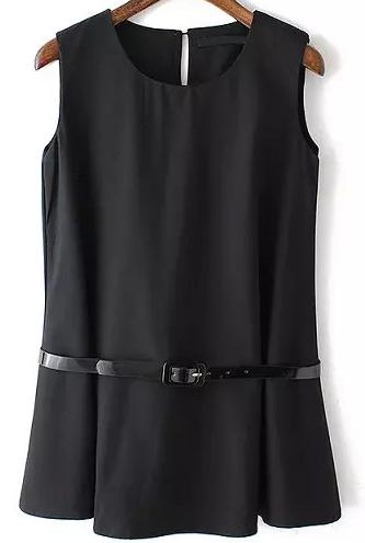 Romwe Black Round Neck Sleeveless Chiffon Blouse With Blet