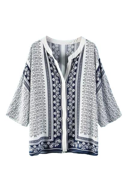 Romwe Romwe Retro Floral Print Cropped Blue Henley Blouse