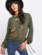 Romwe Drawstring Sleeve Botanical Embroidered Pullover
