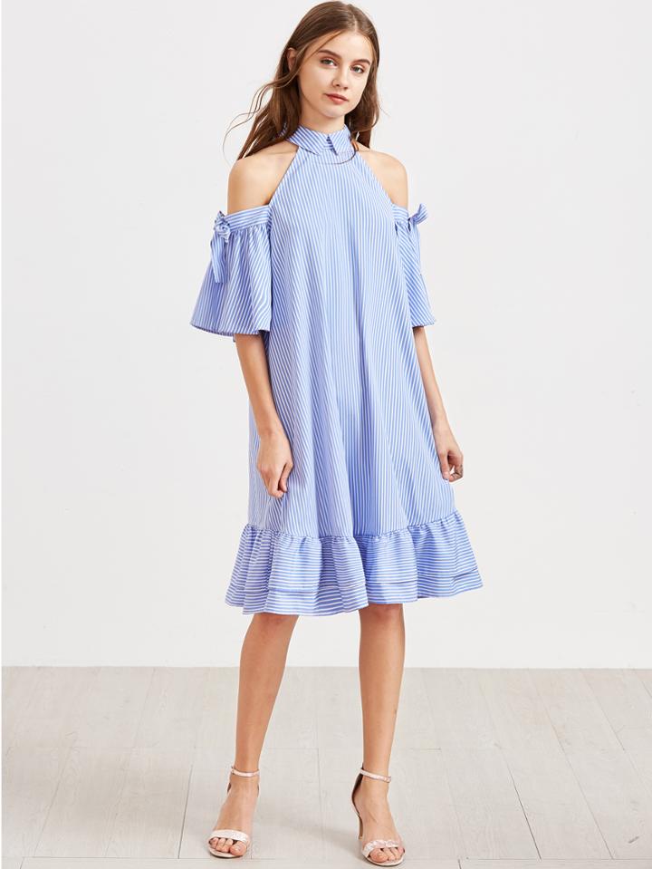 Romwe Blue Striped Cold Shoulder Tie Sleeve Ruffle Hem Dress