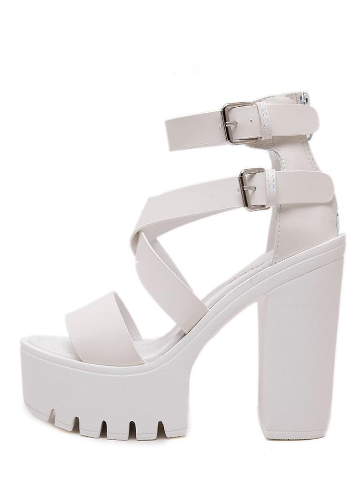 Romwe White Peep Toe Cutout Platform Chunky Sandals