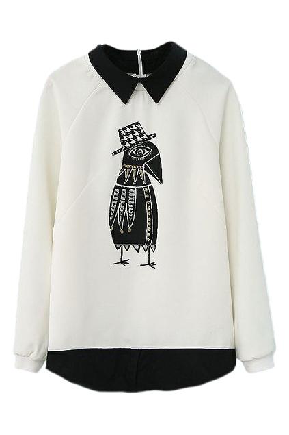 Romwe Asymmetric Bird Print White Blouse