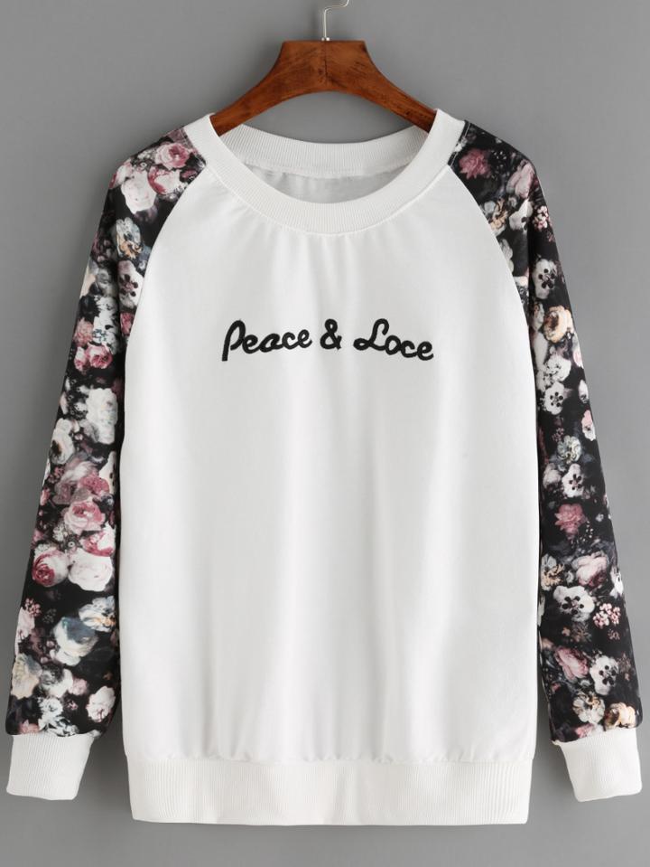 Romwe Raglan Sleeve Letter Embroidered Florals White Sweatshirt