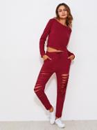 Romwe Crop Top With Ladder Cut Out Drawstring Pants