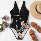 Romwe Random Floral Tie Front One Piece Swimsuit