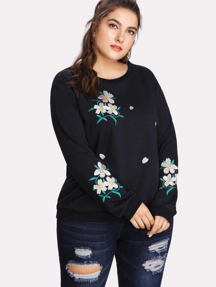 Romwe Rib Trim Embroidery Sweatshirt