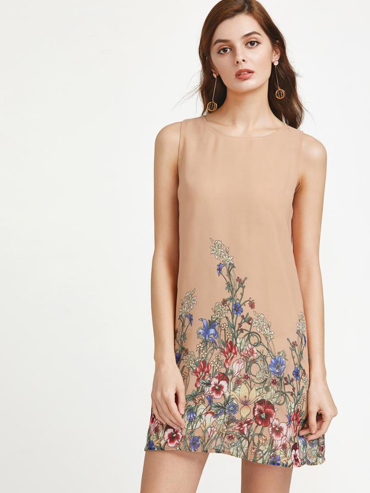 Romwe Botanical Print Buttoned Keyhole Back Side Pocket Dress