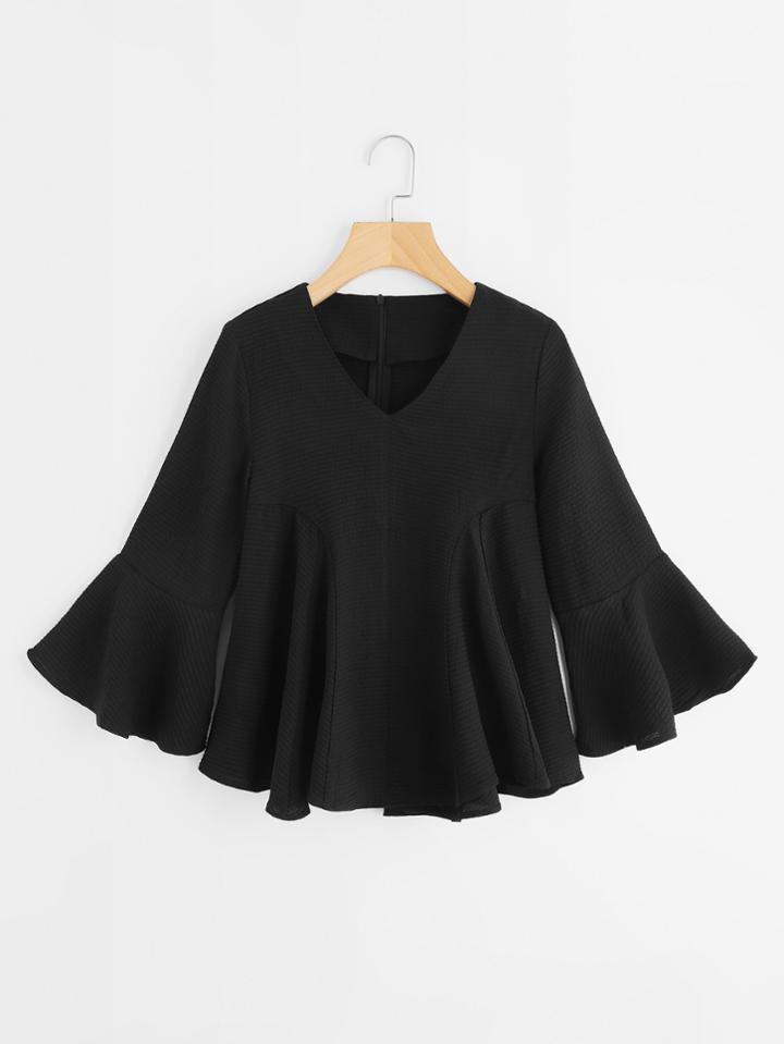 Romwe Trumpet Sleeve Textured Flowy Top