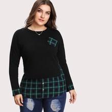 Romwe Plus Checked Panel Chest Pocket Sweatshirt