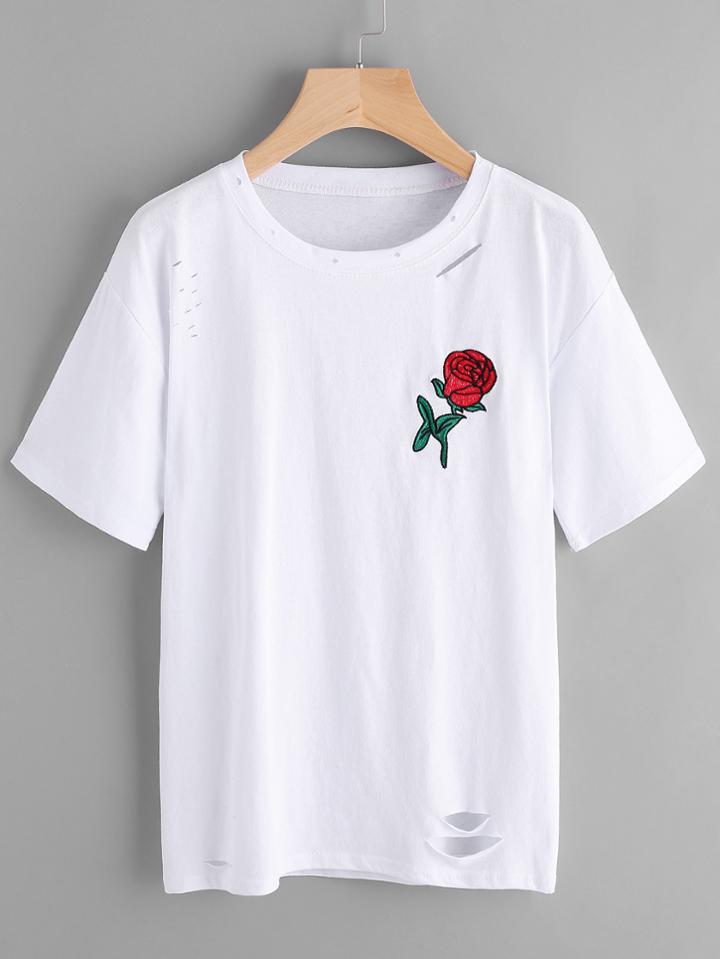 Romwe Rose Embroidered Ripped Long Tee