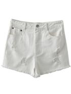 Romwe White Pockets Fringe Trim Ripped Hole Denim Shorts