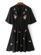 Romwe Shirred Waist Embroidery Pleated Chiffon Dress
