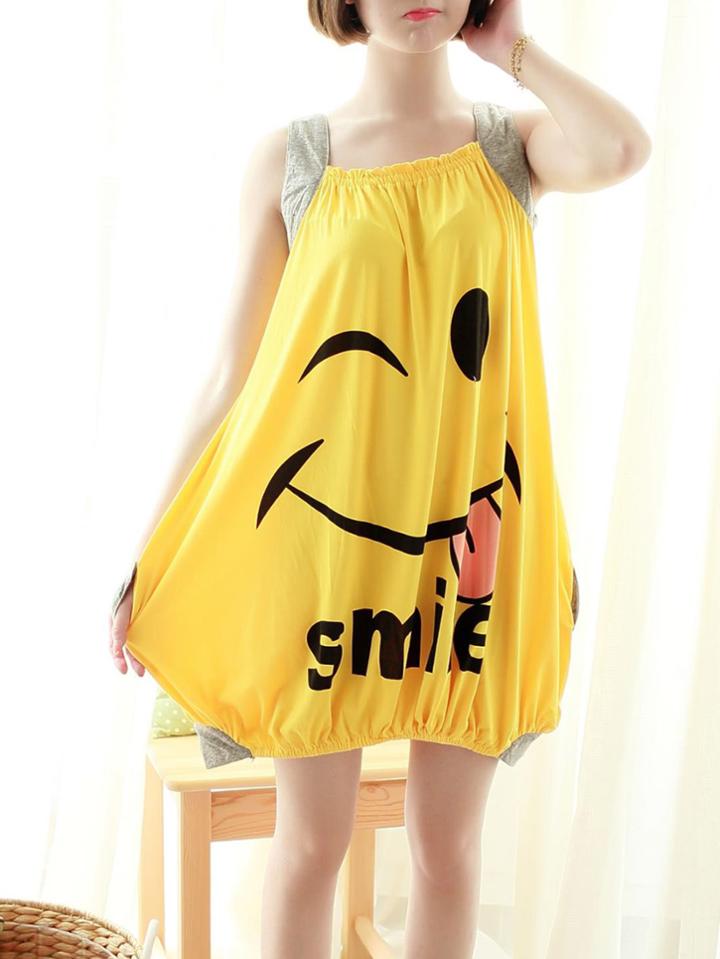 Romwe Smile Print Elastic Hem Night Dress