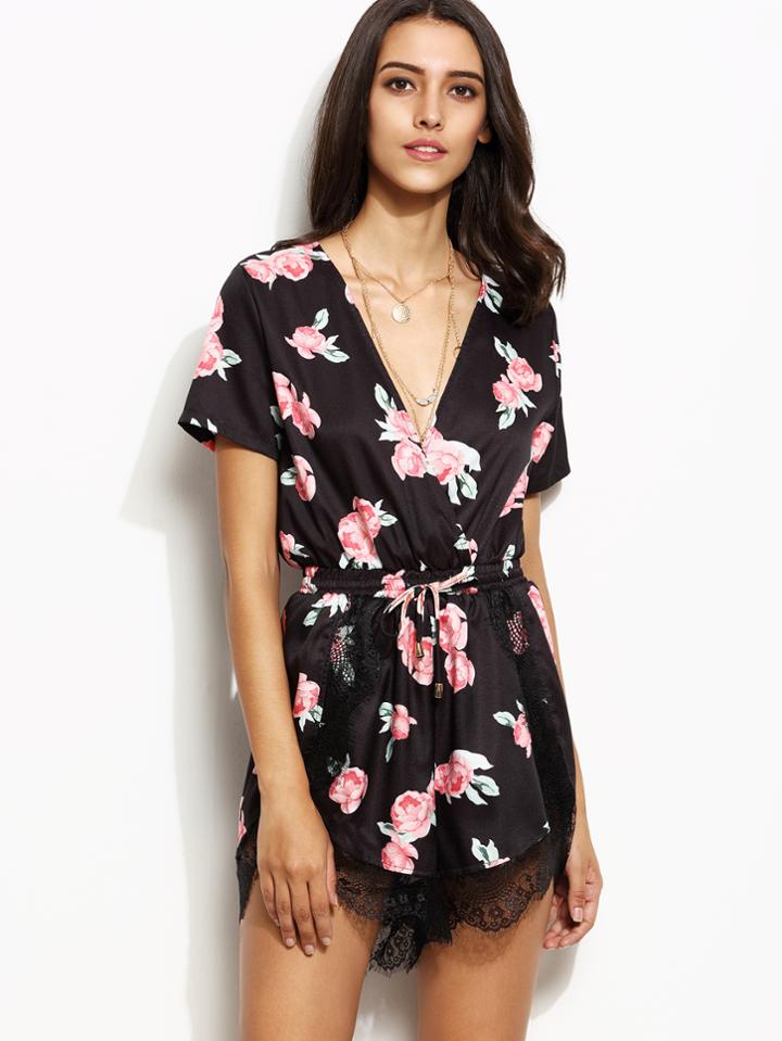 Romwe Plunge V-neck Floral Print Crochet Lace Jumpsuit
