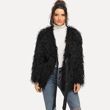 Romwe Ribbon Tie Front Shaggy Faux Fur Coat