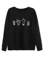 Romwe Black Cactus Print Sweatshirt