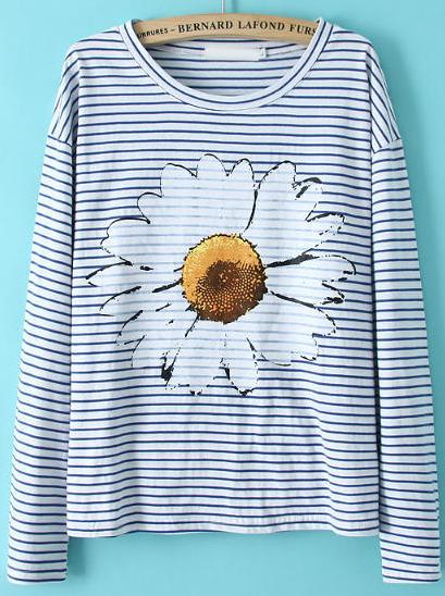Romwe Blue White Long Sleeve Striped Floral T-shirt
