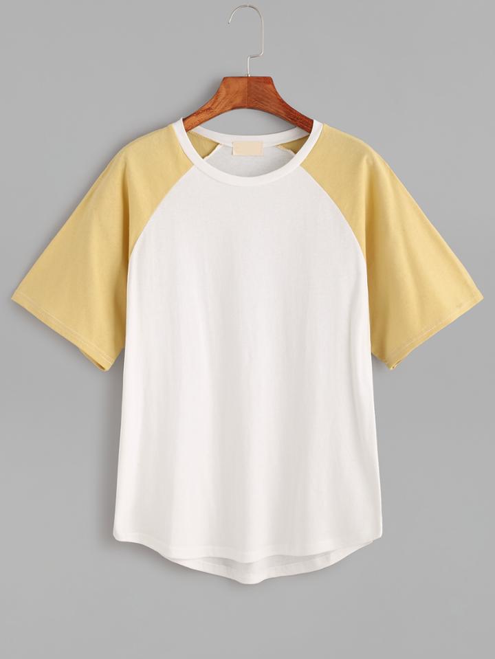 Romwe Yellow Contrast Raglan Sleeve T-shirt