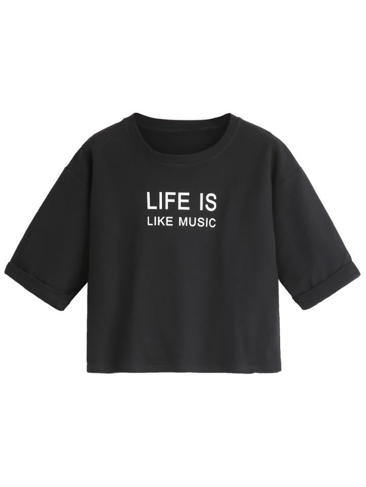 Romwe Black Sentence Print Dropped Shoulder Seam Cuffed T-shirt