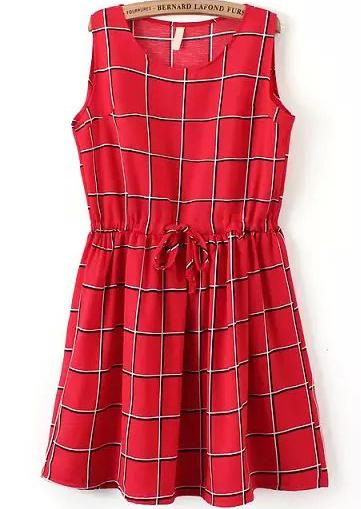 Romwe Round Neck Plaid Drawstring Dress
