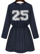 Romwe Long Sleeve Vertical Striped Letter Print Blue Dress