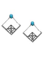 Romwe Antique Silver Turquoise Geometric Hollow Out Drop Earrings