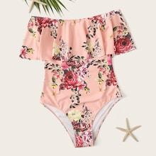 Romwe Random Floral Flounce Bardot One Piece Swim