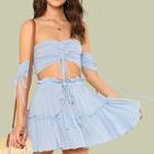 Romwe Drawstring Crop Bardot Top With Tiered Skirt Set