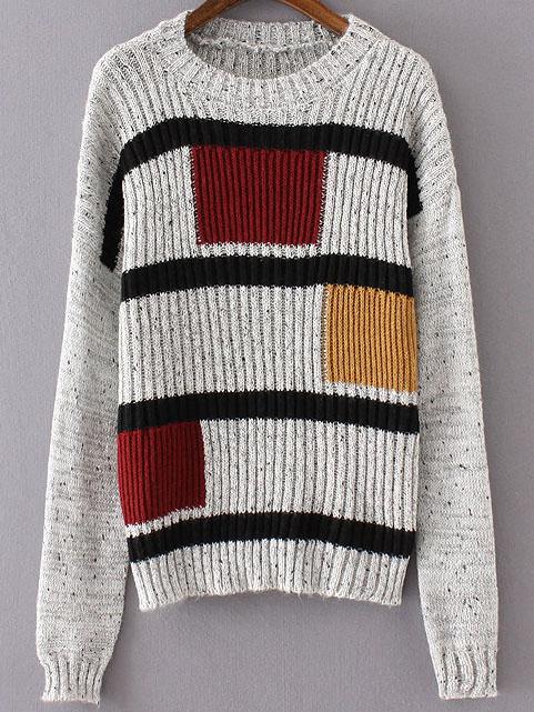 Romwe Grey Geometric Pattern Drop Shoulder Knitwear