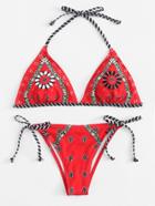 Romwe Floral Self Tie Bikini Set