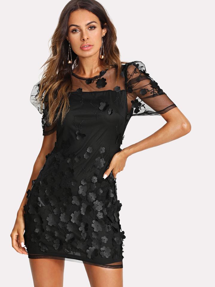 Romwe Flower Applique Mesh Overlay Dress
